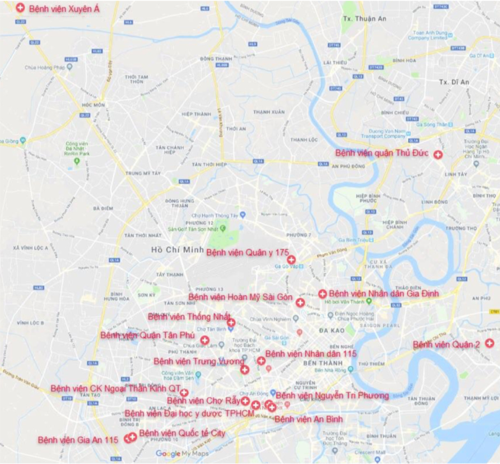 Bản đồ các bệnh viện có khả năng điều trị đột quỵ cấp.