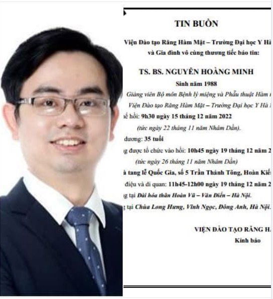 Viện Răng Hàm Mặt thông báo tin buồn về sự ra đi của TS Nguyễn Hoàng Minh