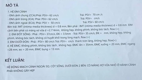 Siêu âm động mạch cảnh có xơ vữa nhưng không hẹp không phình, nguy hiểm không?